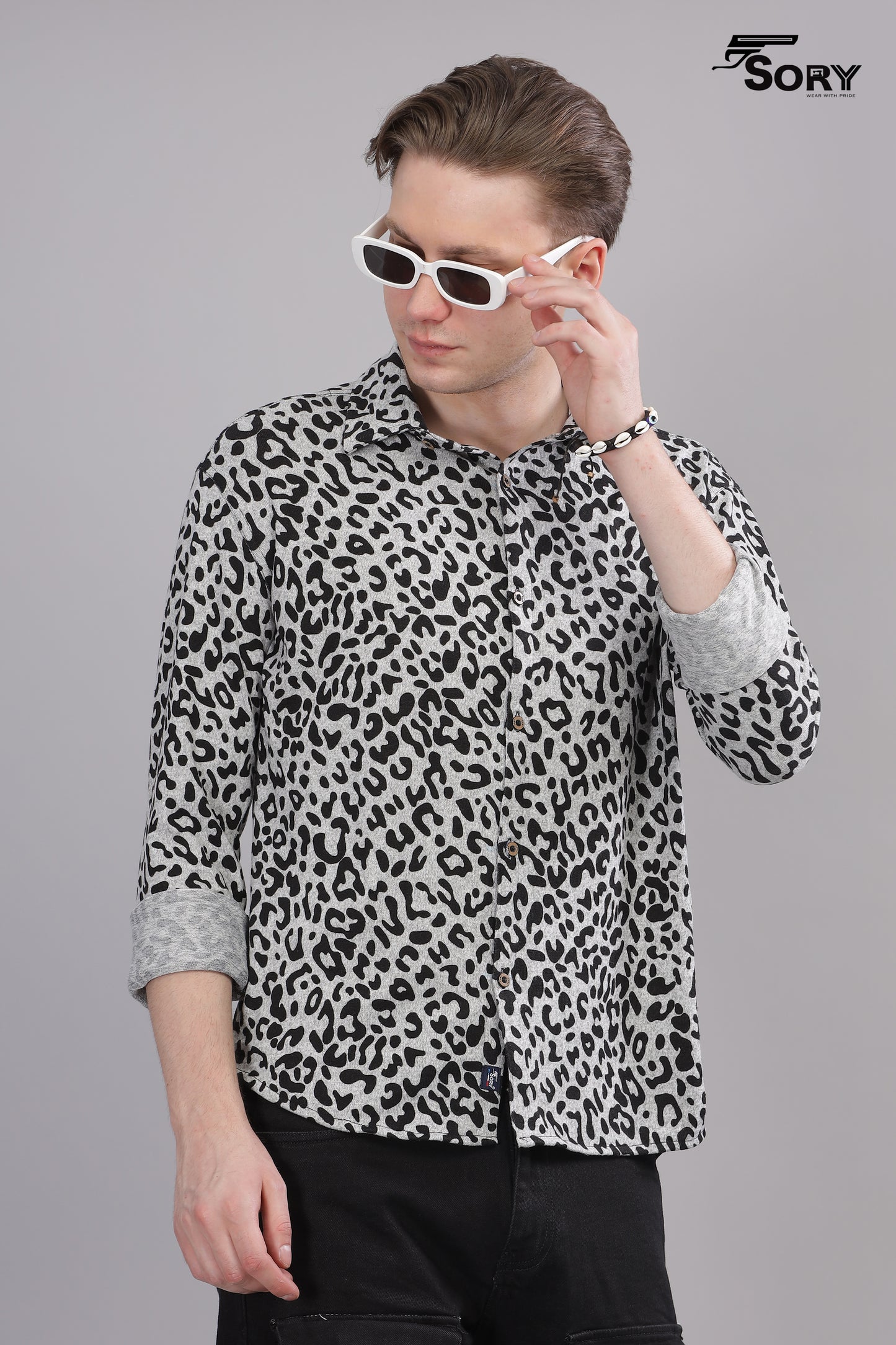 grey and black cheetah print full shirt