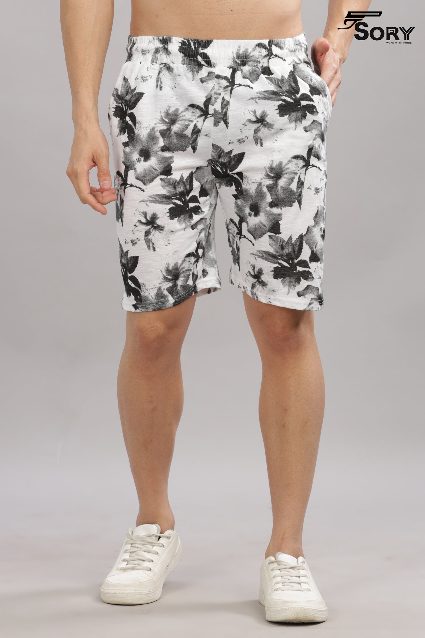 WHITE WITH BLACK FLOWER PRINT SHIRT AND SHORTS CO ODS SET