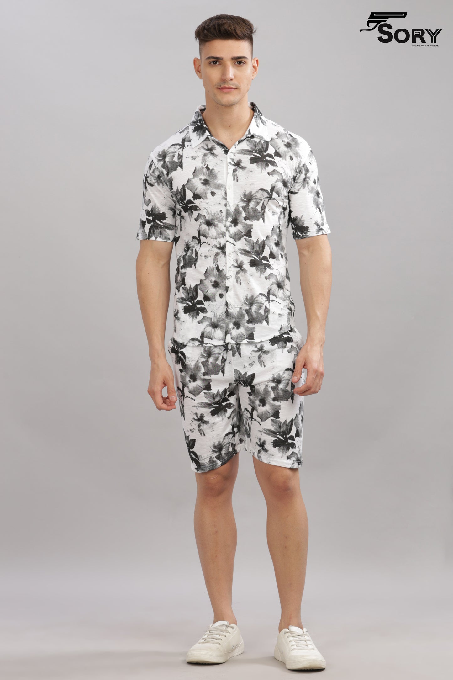WHITE WITH BLACK FLOWER PRINT SHIRT AND SHORTS CO ODS SET