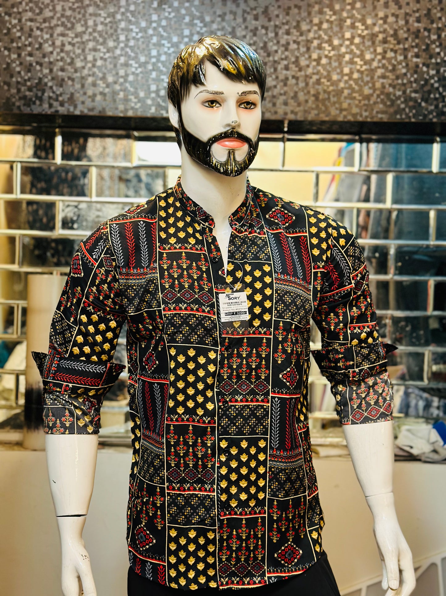 BLACK PRINTED SHIRT WITH CHINES COLLAR SLIM FIT