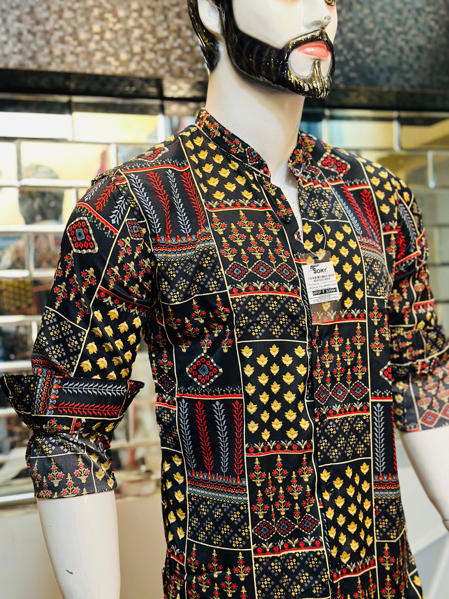 BLACK PRINTED SHIRT WITH CHINES COLLAR SLIM FIT