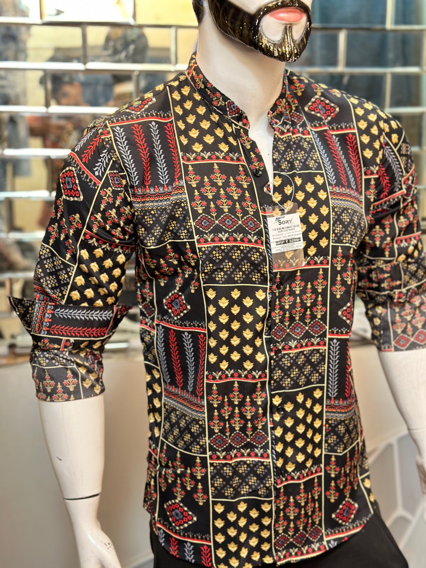 BLACK PRINTED SHIRT WITH CHINES COLLAR SLIM FIT
