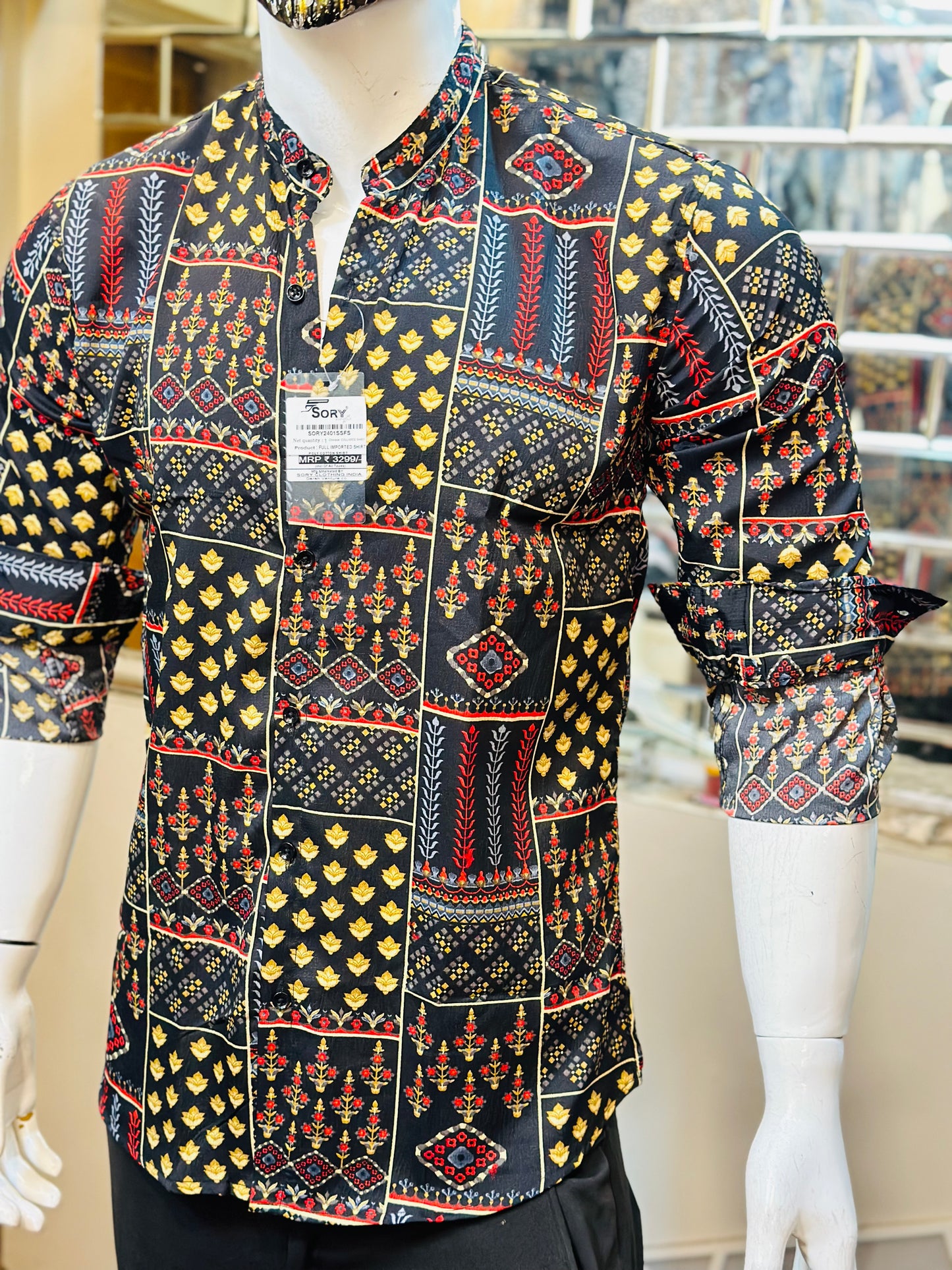 BLACK PRINTED SHIRT WITH CHINES COLLAR SLIM FIT