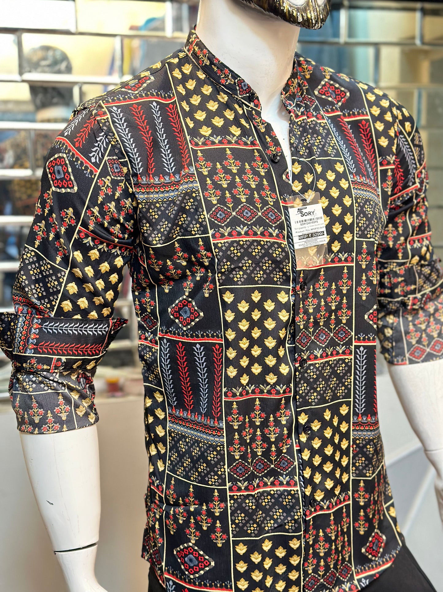 BLACK PRINTED SHIRT WITH CHINES COLLAR SLIM FIT