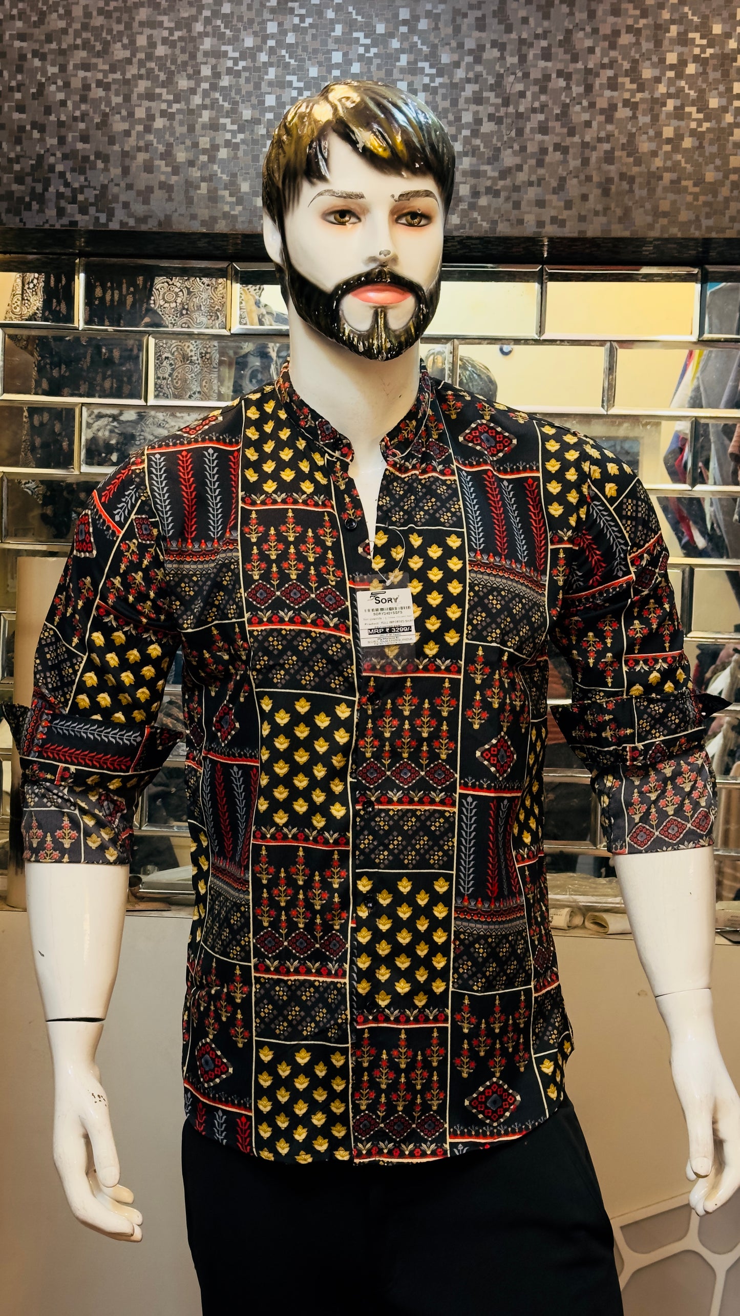 BLACK PRINTED SHIRT WITH CHINES COLLAR SLIM FIT