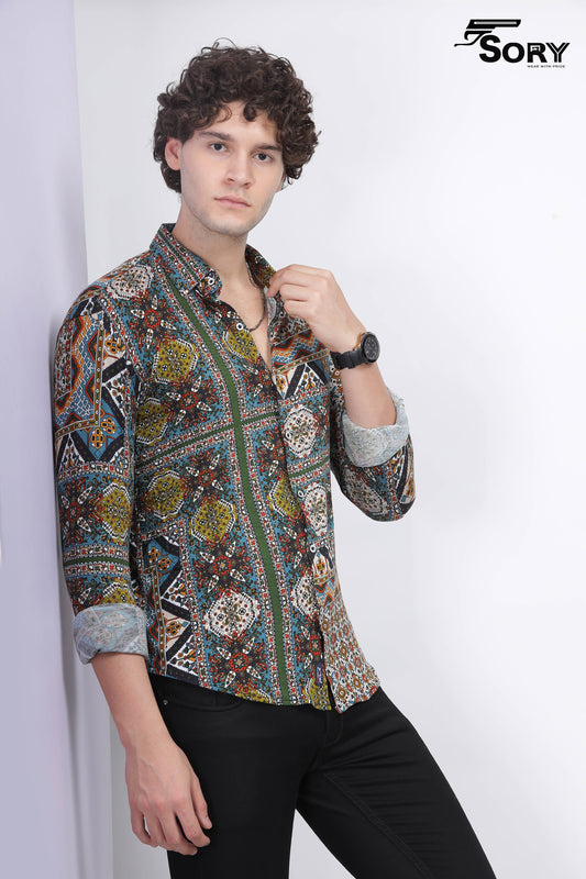 Printed Spread Collar Indian Slim Casual Shirt
