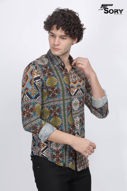 Printed Spread Collar Indian Slim Casual Shirt
