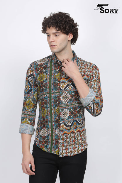 Printed Spread Collar Indian Slim Casual Shirt