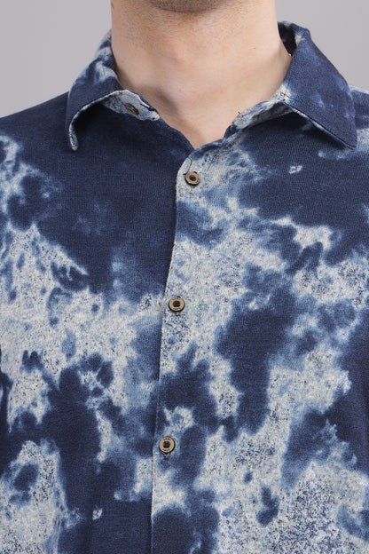 Navy Blue Tropical Printed Spread Collar Indian Slim Casual Shirt