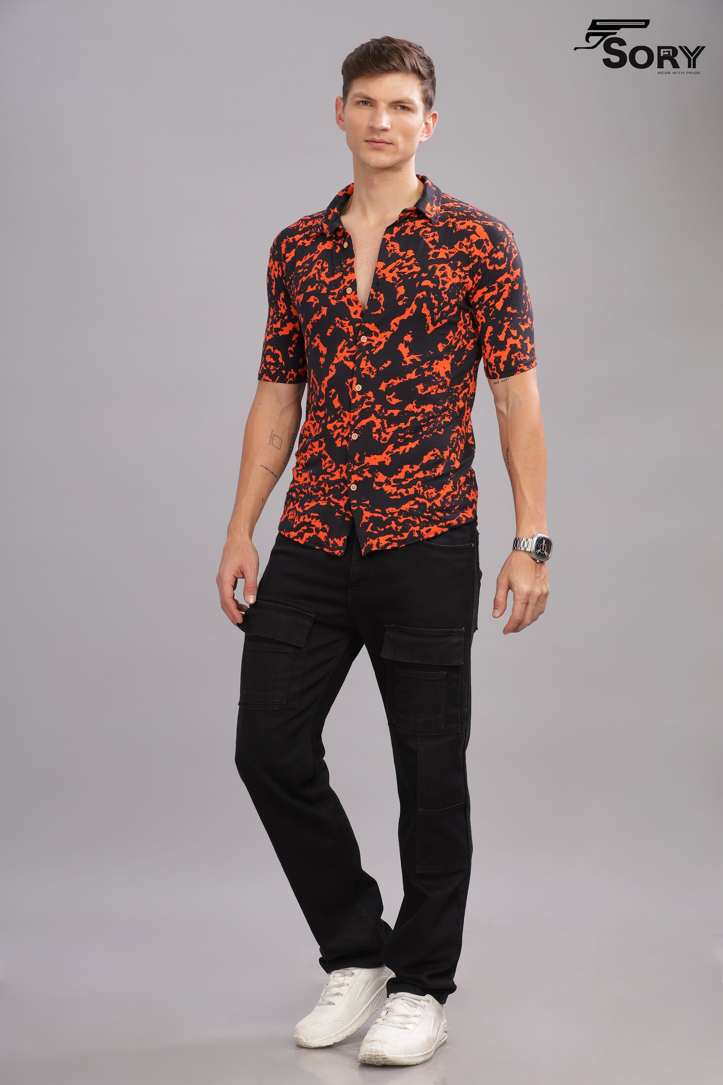 black with orange print body cooling shirt sory
