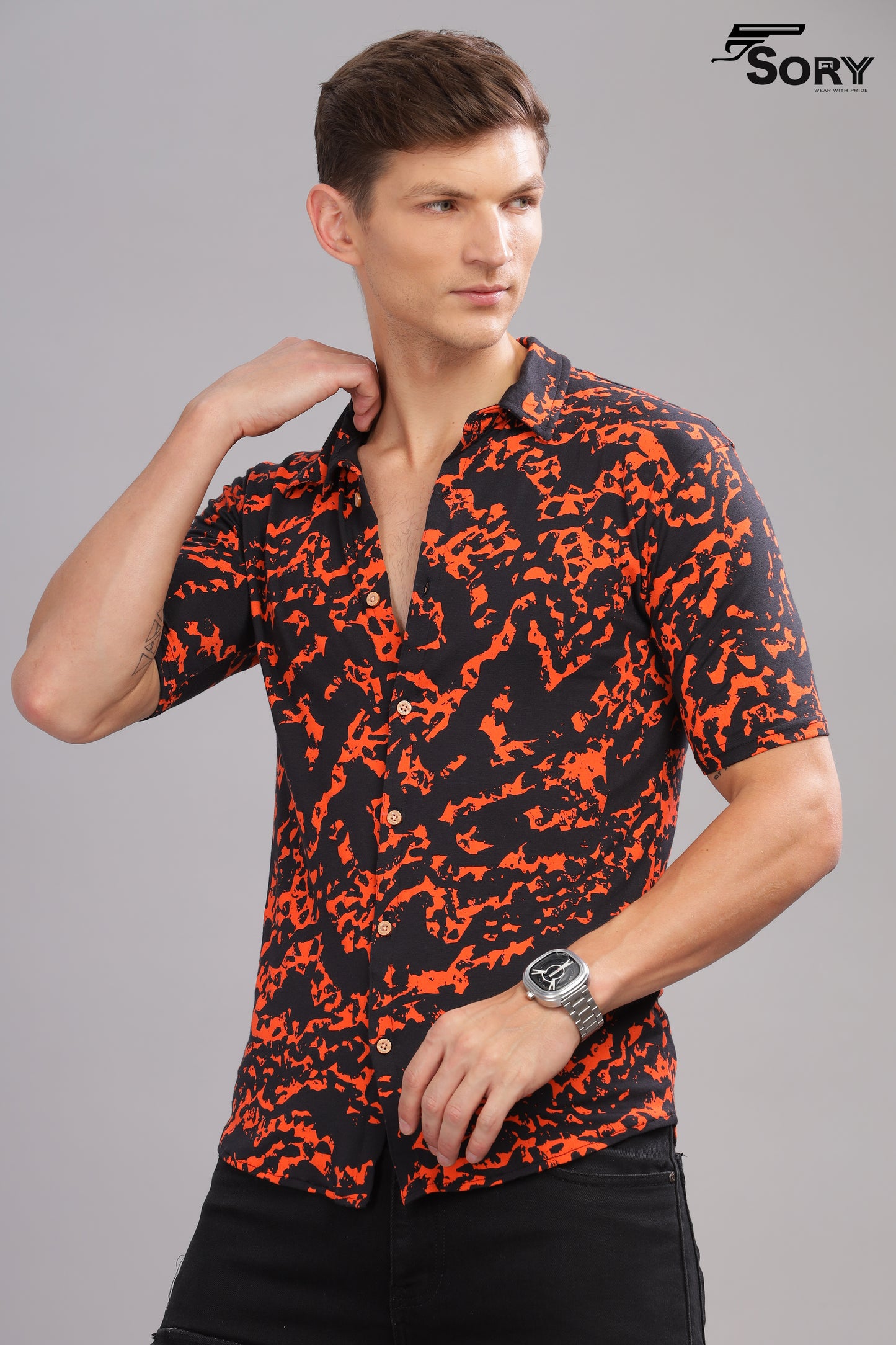 black with orange print body cooling shirt sory