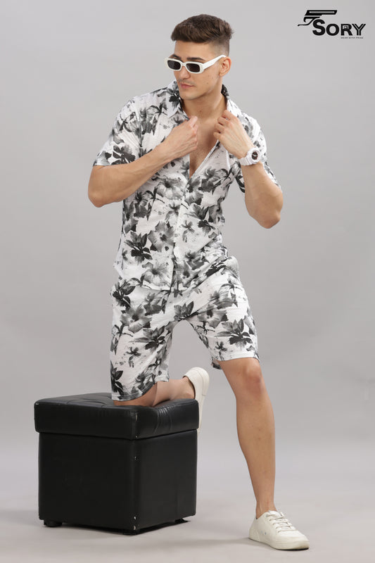 WHITE WITH BLACK FLOWER PRINT SHIRT AND SHORTS CO ODS SET