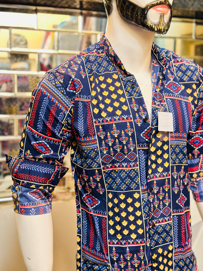 FULL BLUE SHIRT WITH CHINES COLLAR SLIM FIT