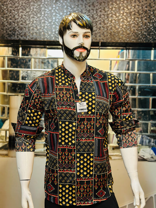 BLACK PRINTED SHIRT WITH CHINES COLLAR SLIM FIT