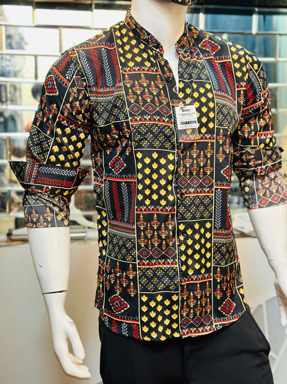 BLACK PRINTED SHIRT WITH CHINES COLLAR SLIM FIT