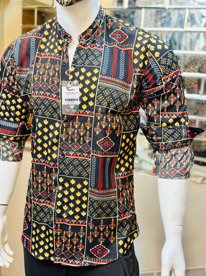 BLACK PRINTED SHIRT WITH CHINES COLLAR SLIM FIT